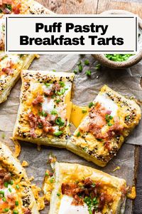 These Puff Pastry Breakfast Egg Tarts are a fun and unique way to enjoy a classic egg and bacon breakfast. You have flaky puff pastry with a jammy egg baked right in the center, topped with cheese, crispy bacon, and chives. You can even crust your puff pastry with everything but the bagel seasoning. Perfect for any weekend breakfast or fun Sunday brunch.