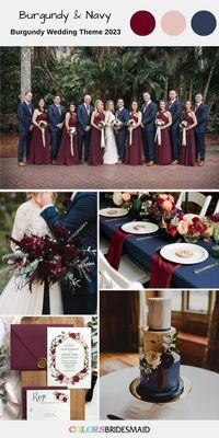 Burgundy and navy wedding color inspirations for 2023, white bridal gown and navy suit for men, burgundy bridesmaid dresses and burgundy blooms wedding bouquet, navy tablecloth and burugndy napkins, navy and gold wedding cake with blush and burgundy blooms decorations, burgundy wedding invitation, burgundy and blush centerpieces. #burgundyweddings #weddings #weddingcolors #weddingideas #bridesmaiddresses #colsbm #2023 #burgundyandnavy