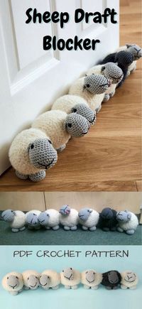 Crochet Pattern for Adorable Sheep Draft Blocker Door Stop! Warm up your house with this cute row of sheep keeping the cold out!