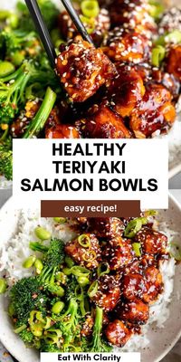 These teriyaki salmon bowls are the perfect easy and healthy dinner recipe. They're gluten free, with crispy air fryer, baked or pan fried salmon. Serve these salmon bowls with rice, veggies and more teriyaki sauce.