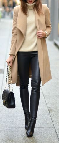 Beige coat + leather pants.