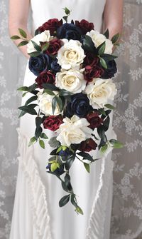 Cascade bridal bouquet, Wedding Flower Bouquet, Wedding Flowers, Bridal Bouquet, 4th of July Wedding, Navy Blue Bouquet, Burgundy Flowers