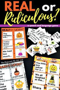 This hysterical game is the solution to your mixed speech therapy groups (articulation, language and fluency). The 289 Halloween articulation cards and 100 phrases will help your students WORK without even realizing it (and will beg for more)! Students collect cards for sentences that makes sense and lose cards for absurdities or sentences with grammar errors. #halloweenactivities #halloweenspeechtherapyideas #tpt #halloweengame #articulation #speechtherapyideas #speech #speechtherapyideas