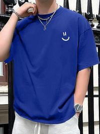 Men Summer Casual T-Shirt With  Face Print And Round Neck Short Sleeves Royal Blue Casual  Short Sleeve Fabric Cartoon  Slight Stretch Summer Men Clothing, size features are:Bust: ,Length: ,Sleeve Length: