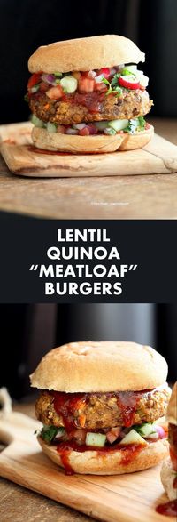 Lentil Quinoa Meatloaf Burgers. Lentil Quinoa Burger patties with bbq glaze. Easy Meatloaf Burgers. Serve as burgers with buns or as patties over a salad. #Vegan #Nutfree #VeggieBurger #Recipe | VeganRicha.com