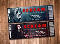 "\"SCREAM\" Collectible Movie Tickets ►(2) PRINTABLE Collectible Movie Tickets (2\" x 6\") This listing is for digital printable files.  No PRINTED products will be shipped, digital files only. PURCHASING INSTRUCTIONS: ►1. To personalize, please include: * Theater Name * Theater Location/Address * Show date and time ►2. Add this item to your cart and proceed to checkout. ►3. Within 1-2 days, you will be sent a digital proof for your approval. Once you approve all information and spelling, your f