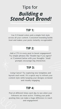 Want to make your brand unforgettable? Here are easy, beginner-friendly tips to help you create a cohesive and stand-out brand across social media! From choosing consistent brand colors to designing eye-catching content, these quick tips are perfect for entrepreneurs, content creators, and small business owners ready to build a memorable brand identity. Start standing out online with these essential branding tips!