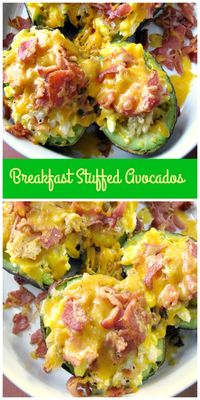 Breakfast Stuffed Avocados are filled with scrambled eggs, hash brown potatoes, crispy bacon, and topped with sharp cheddar cheese. They make a healthy, filling brunch option. #brunchweek  #Sponsored #stuffedavocados #breakfast #scrambledeggs