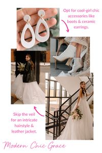 This modern chic wedding day look allows your personal look to truly shine! Opt for uniue pieces like boots, chunky earrings, and a leather jacket to complete this cool and edgy wedding style!