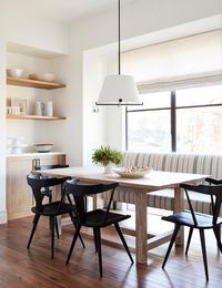 Gray and Blue Stripe Dining Bench with Light Wood Table #woodworking #table