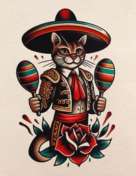 Mariachi Cat Traditional Tattoo Print