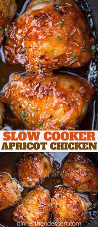 Slow Cooker Apricot Chicken is crispy, sweet and savory with just five ingredients. Recipes for homemade onion soup mix and French dressing too! | #slowcooker #crockpot #slowcookerchicken #apricotchicken #dinnerthendessert #dinner #backtoschool