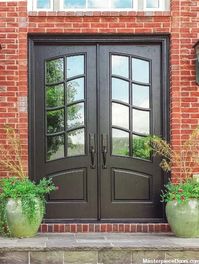 Classic French Front Door featuring a Dark Double Rectangular Composite Wood Door with Winterlake Glass and Emtek Locksets