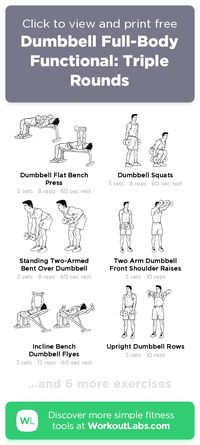 Free workout: Dumbbell Full-Body Functional: Triple Rounds – 50-min back, chest, legs, shoulders exercise routine. Try it now or download as a printable PDF! Browse more training plans and create your own exercise programs with #WorkoutLabsFit · #BackWorkout #ChestWorkout #LegsWorkout #ShouldersWorkout