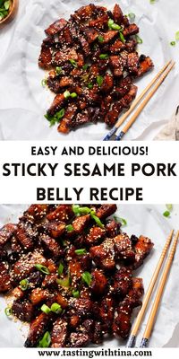 Sticky sesame pork belly is a delicious treat for the whole family! With everything done in under an hour, this dish is perfect for a weeknight or a hit for serving a crowd.I always order pork belly at restaurants, but I had never tried making at home. Now that I have, I’m hooked, and you should be too!