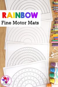 Free Rainbow Fine Motor Dot Marker Printables - with six pages of printables with rainbows template to color, rainbows to trace, rainbow to q-tip and a dot marker rainbow, all great for spring fine motor centers. - 3Dinosaurs.com #3dinosaurs #freeprintable #finemotormats #rainbowsforkids #kindergarten #prek #preschool #3dinosaurs #finemotor