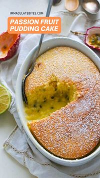 Passion Fruit Pudding Cake offers two treats in one – an airy, soufflé-like cake on top and a creamy pudding-like sauce on the bottom. A luscious treat in one pan! More healthy food ideas, desserts, snacks at immaculatebites.