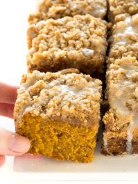 This Pumpkin Coffee Cake with streusel topping and glaze is perfect for breakfast or dessert, and only requires a few staple ingredients.