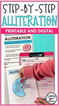 Help students learn all about ALLITERATION through this step-by-step method. Once you introduce the anchor chart and students take notes, work together in a whole group. Then practice and apply using the steps. Depending on your group, you may want to differentiate with the steps. This resource is available in PDF, PowerPoint, and GOOGLE SLIDES.