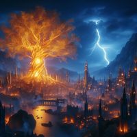 Illustration depicting an elven city with a giant tree of light. Generated by Dalle3.