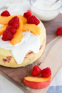 Instant Pot Gluten Free Peach Melba Breakfast Cake is a healthy, high-protein breakfast the whole family will love. #instantpotrecipes #healthybreakfast