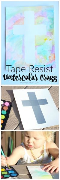 this is a gorgeous spring art project for the little ones!! I just love how the tape resist watercolor cross turned out. Perfect for toddler art or preschool art.