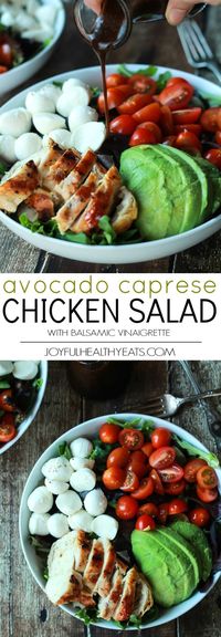 A Quick Easy Dinner for two, Avocado Caprese Chicken Salad topped with a light Balsamic Vinaigrette. The perfect Salad recipe for summer that only takes 15 minutes! | joyfulhealthyeats.com #recipe