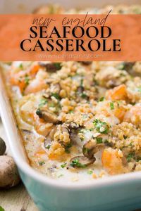 Try this New England Seafood Casserole for a crowd pleasing, elegant dish that’s so easy to make. It’s loaded with a combination of fresh seafood and topped with golden brown cracker crust. If you’re looking for an easy seafood casserole that captures coastal New England flavors, look no further! It’s loaded with a variety of seafood and flavor bombs like mushrooms, dry sherry and Dijon mustard and baked in a light sauce. Prepping is a breeze, and it bakes in a jiffy.