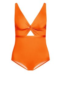 Make a splash this season in the Majorca 1 Piece in the sexy shade of sunburst orange. Flaunting a plunging neckline, you can dive straight in while remaining secure with molded contour cups and adjustable shoulder straps. The twist front center, under bust keyhole cut out, and open back detailing, this figure flaunting swimsuits is tied together with a stretchy fabrication to fit and flatter your curves. Key Features Include: - Plunge V-neckline - Contour molded cups - Twist front center front detail - Under bust keyhole cut-out - Adjustable shoulder straps - Back metal clip closure - Stretch fabrication - Full brief coverage Turn heads around the pool side with an added flowing sarong and tiny shades! | Plus Size Majorca 1 Piece Swimwear 22 in Sunburst, Size 18/M | City Chic | Plus Size