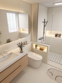 Create a peaceful and stylish bathroom retreat with this minimalist design. Featuring a floating vanity, a round mirror, and warm wood accents, this space is both functional and visually appealing. The minimalist aesthetic creates a calming atmosphere, perfect for relaxation. #minimalistbathroom #modernbathroom #bathroomdesign #bathroomdecor #interiordesign #homedecor #bathroominspiration #serenity