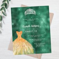 Emerald green gold dress tiara Sweet 16 invitation