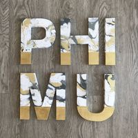 Phi Mu Wooden Letters. Sorority wooden letters. White marble letters. White and Gold Letters. Big Little Sorority.