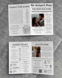 BUY 3 PRODUCTS TO GET 30% OFF WITH CODE '30OFF' Introducing our captivating Wedding Newspaper Program Template! This unique and stylish template is perfect for couples who want to add a touch of nostalgia and vintage charm to their wedding day. With its newspaper-inspired design, complete with bold headlines and elegant typography, this template will impress your guests and make your wedding program truly stand out. With a bold font, this unique design features a wedding timeline, ceremony itinerary, menu, honeymoon fund, in loving memory, special thanks, and even some fun facts about the happy couple. Available in both 5x7 and A4 sizes, you'll be able to easily customize and print out your own personalized wedding program.  ✅ INSTANT ACCESS ✅ EDIT MOST WORDING/FONTS/COLORS ✅ PRINT AT HOME