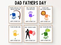 "Celebrate Father's Day in a special way with these unique DIY Father's Day Handprint Craft cards! Our set of 6 Father's Day cards feature cute and fun designs that you can customize by adding your child's handprint. Simply apply paint to your child's hand and stamp it onto the card to create a personalized and memorable keepsake for dad. The set includes 6 different designs, works great for multiple children or in the classroom setting.  These Father's Day cards are perfect for any dad who loves to receive thoughtful and unique gifts. They're also a great way to get your child involved in the holiday and show their love for their dad. Plus,  you can print as many copies as you need! 6 Father's Day Card Designs: ◾ Dad, You're My Here! ◾ I'm Not Lion, Dad You're The Best! ◾ You're Tee-rific