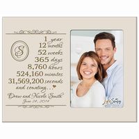 Honor the happy couple with a personalized 1st wedding anniversary photo frame. A treasured and lasting personal keepsake for wedding or anniversary. The 1st Anniversary picture frame can be hung on a wall or displayed on a table. This special keepsake anniversary gift will always be a wonderful reminder of the love that you have for one another. Honor the happy couple with a 1st wedding anniversary decorative wood photo frame holds 1- 4x6 photo. Words are laser engraved. Please provide names an