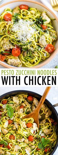 This quick weeknight recipe pairs zucchini noodles with chicken, tomatoes and pesto. It's a delicious and healthy meal the whole family will enjoy. #zoodles #zucchininoodles #pesto #chicken #lowcarb #glutenfree #zucchini #eatingbirdfood