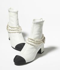 Short boots - Stretch lambskin, grosgrain, imitation pearls & metal, white & black — Fashion | CHANEL