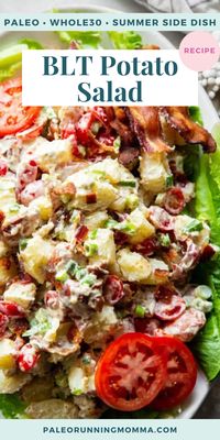 This BLT inspired potato salad has all the goodies you crave including hearty potatoes, savory crispy bacon, cherry tomatoes, green onions and a tangy dressing. Serve over salad greens to make it true to a BLT. Whole30 and paleo friendly.