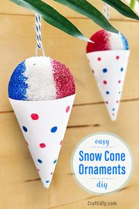 Easy Kids Craft - Make these fun DIY Snow Cone Ornaments for 'Christmas in July' or to dress up your holiday tree! #kidscrafts #diyornaments #christmasinjuly #christmasornaments #snowcones