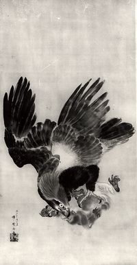 Eagle Carrying Off a Monkey  Kawanabe Kyôsai  (Japanese, 1831–1889)  Date: 19th century Culture: Japan Medium: Color on silk Dimensions: 70 x 33 in. (177.8 x 83.8 cm) Classification: Painting