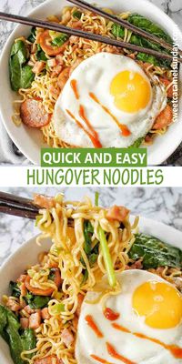 Hungover Noodles are the best recipe to wake to after a big night. This delicious dish will get you back on track with a full belly! #noodlerecipes #asiannoodles @sweetcaramelsunday