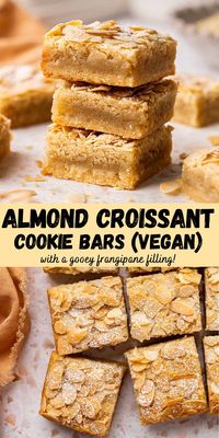 Vegan almond cookie bars inspired by classic almond croissants! These bars have layers of a soft and chewy almond cookie, gooey frangipane filling and crunchy almond topping.