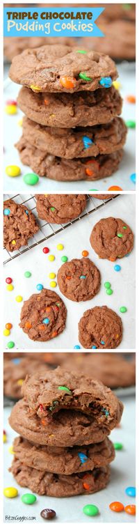 Triple Chocolate Pudding Cookies - Chewy, chocolaty, candy-filled cookies that use pudding as a secret ingredient to keep them nice and soft!