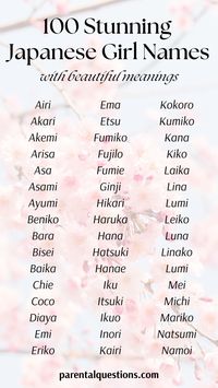 100+ Japanese baby girl name ideas with meanings. Find the perfect uncommon and unique Japanese girl name with our list of 100 gorgeous Japanese girls names and meanings. Click through for the full list! Japanese girl names meaning moon