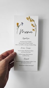 Menu with pressed flowers. Each card has its own meadow flowers, real pressed flowers carefully glued on.  Perfect for nature inspired wedding, dried flowers wedding, garden wedding. I use white paper 400 gsm. The size of a card is 22.5X10cm, 9X4 inches.  If you have any special requirements please write to me.  The flowers may differ from the pictures, it depends on the season and the harvest. Visit my shop:  https://www.etsy.com/shop/BonbonsdeLiga?ref=seller-platform-mcnav