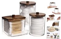 30 Days Return Policy Fast Delivery Trusted seller Qtips Holder Bathroom Container, 10/7 OZ Cotton Ball/Swabs Dispenser, Apothecary Jar Organizer for Storage Brown Wood Lids Product Description Plastic You will get 3 small cotton holder in the package- 7 oz * 1 pcs and 10oz * 2 pcs Made of durable plastic material, the lid is wood, and the color of each lid is naturally occurring, so t will be a color difference between each lid Size - 7 oz qtip dispenser - 2.8x3x3.4 in, 10oz cotton ball holder - 3.5x2.7 in Restroom Organizer - Apothecary jar perfect for Q-tips, cotton balls, cotton rounds,and flossers,or any other bathroom necessities and accessories Clear storage jars is functional and decorative,not just for the bathroom, also perfect in the kitchen or living room Shipping Returns Payme