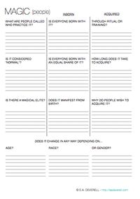 Writing Workshet – Magic (PDF) Wave your wand (or pencil) over this worksheet to create your magic system. Any muggle can do it! Related