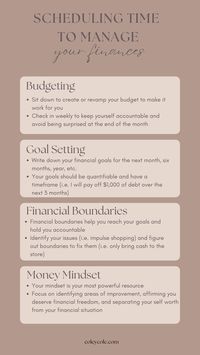 Focusing on these 4 elements of your finances will help you improve your finances and reach your goals:  - Budgeting: it's way too easy to spend more than you make if you're not tracking it  - Goal setting: how do you stay on track if you have no vision? Goals give you a guideline to aim for  - Financial boundaries: boundaries prevent you from falling over the edge into a dark abyss   - Money mindset: your thoughts affect your behaviors and your behaviors reflect your thoughts