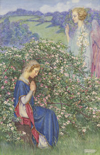 Published in the 1924 Christmas Edition of The London Illustrated News, the present watercolour portrays the Angel Gabriel greeting the Virgin Mary, at the moment the first rose bloomed. 📸Pictured here is 'The Birth of the Rose' by Eleanor Fortescue Brickdale, R.W.S. 🔔British and European Art | London, 4 June