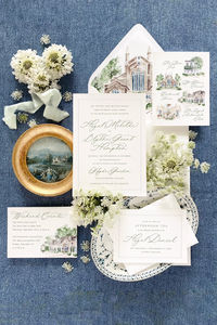 The Cecilia Suite blends a delicate script with structured serif lettering for a romantic and ethereal design. Then, select from an offering of flora-inspired crests and wreaths, along with multiple initial and monogram styles. With its soft artistic aesthetic that plays well with any medium of custom artwork, Cecilia sets the tone for the dreamiest of wedding days.